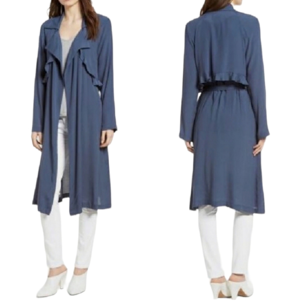 TROUVE Navy Indigo Blue Long Sleeve Open Shawl Duster Cardigan Small NWT